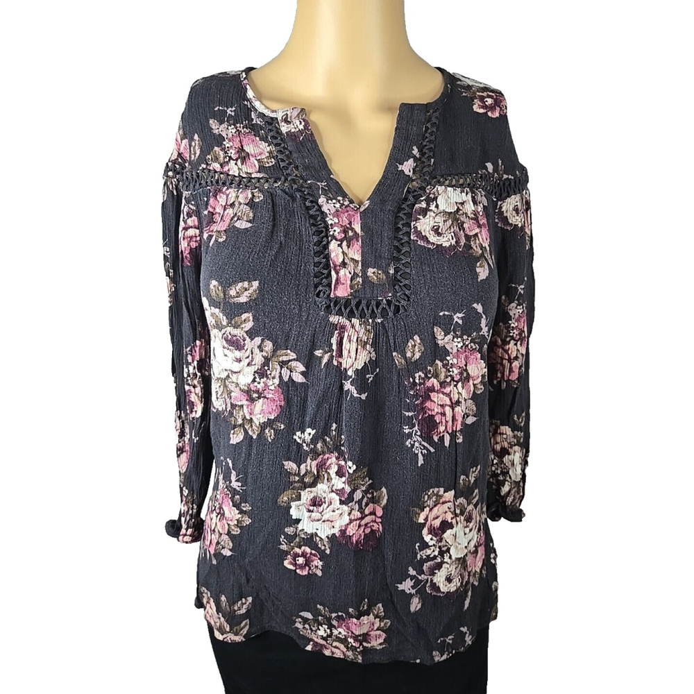 Daniel Rainn Women's Navy Pink and Purple Crochet 3/4 Sleeve Blouse Size Small